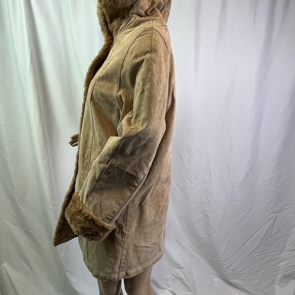 Gallery Coat Womens Xs Brown Leather Hooded Faux Shearling Lined Button Parka View 6